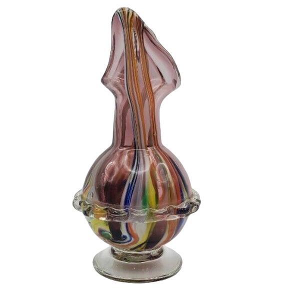 Art Glass Vase Hand Blown Applied Ruffled Edge Lead Crystal Mottled Multicolor - Picture 4 of 10